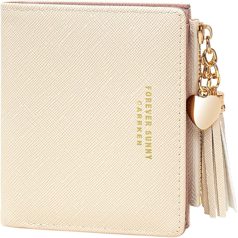KOTORA Womens Small Wallet Girls Tiny Slim Wallets Pretty Mini Card Holder Thin Short Zip Coin Purse with Love Pendant and Tassels (Beige) - Image 1